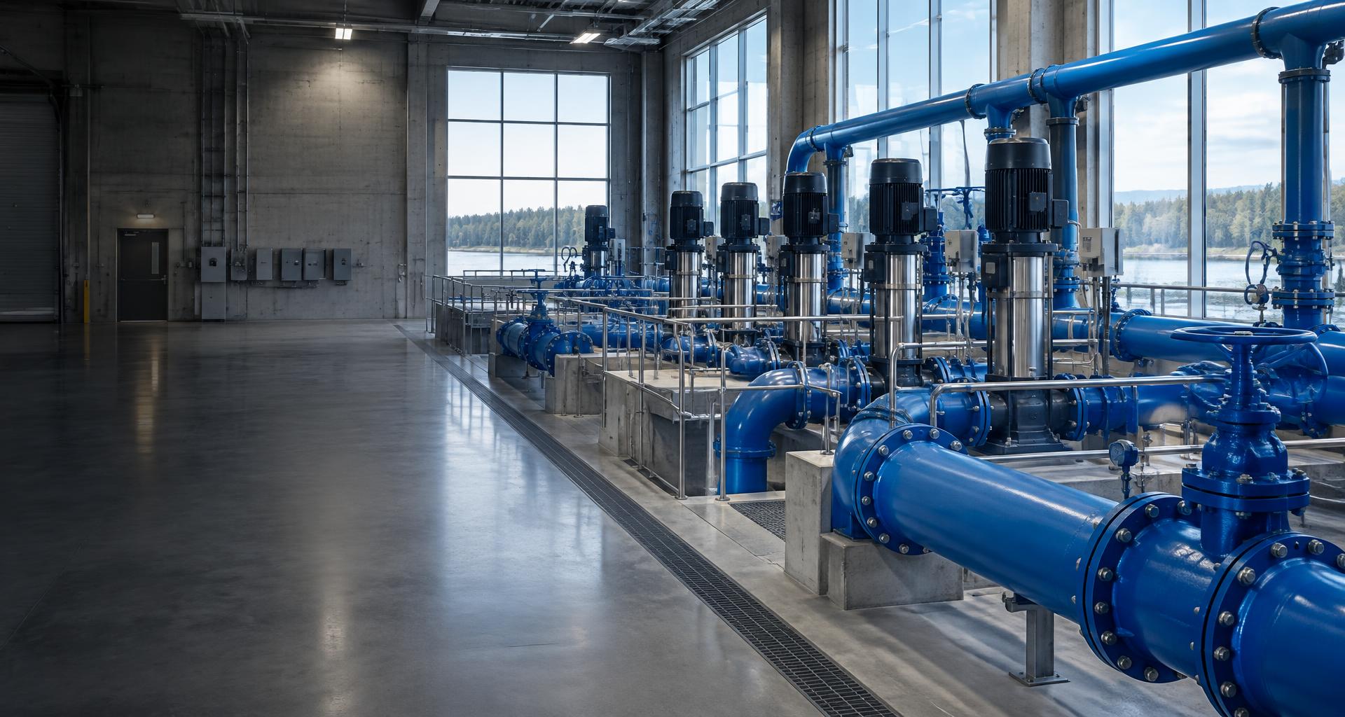 Conduites et pompes d’une installation de traitement de l’eau — illustration